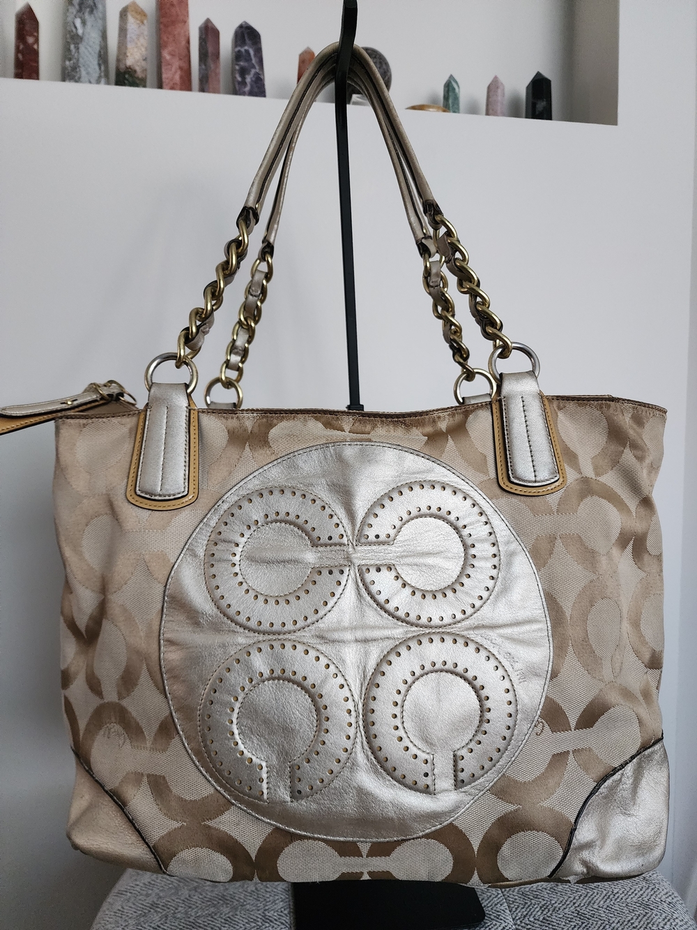 Coach Beige and Metallic Silver Signature Tote